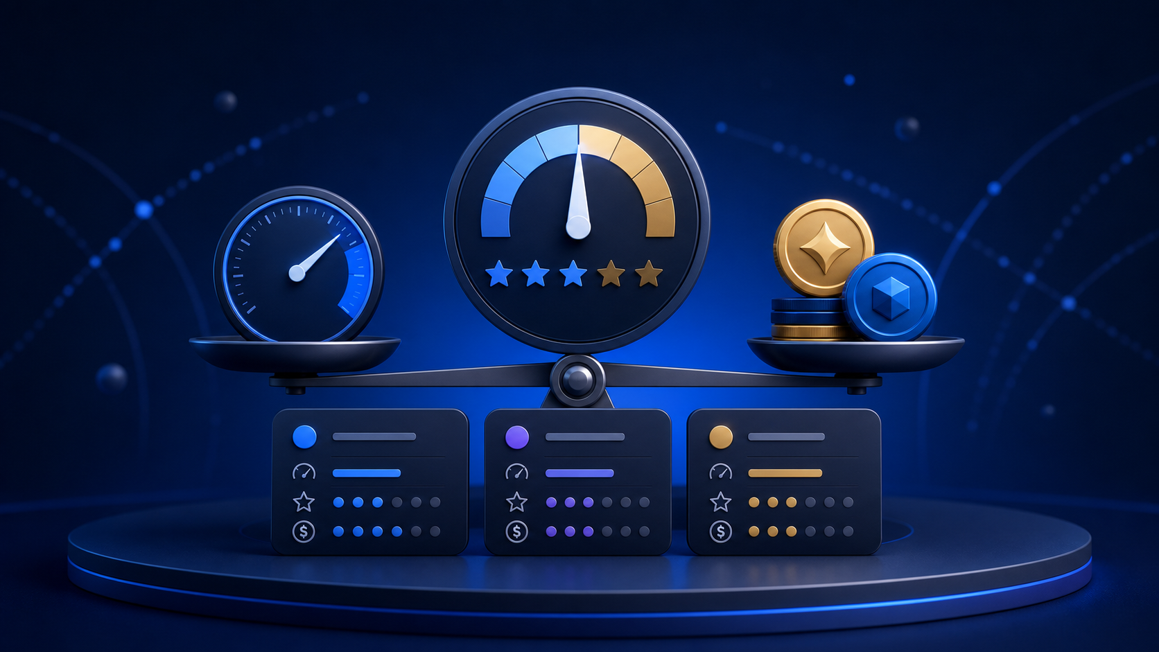 Balanced rating dial, speed gauge, and value tokens for understanding AI image tool ratings