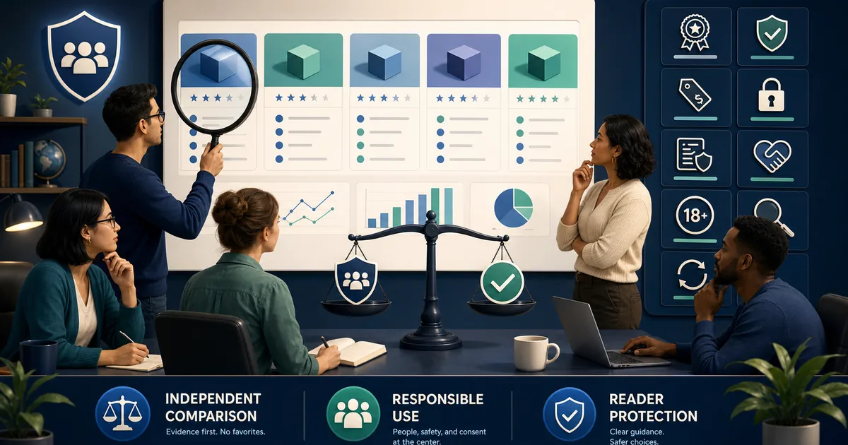 Independent adult editorial team balancing AI tool review evidence for quality, consistency, price, privacy, transparent policies, consent, adult-only access, corrections, and reader protection