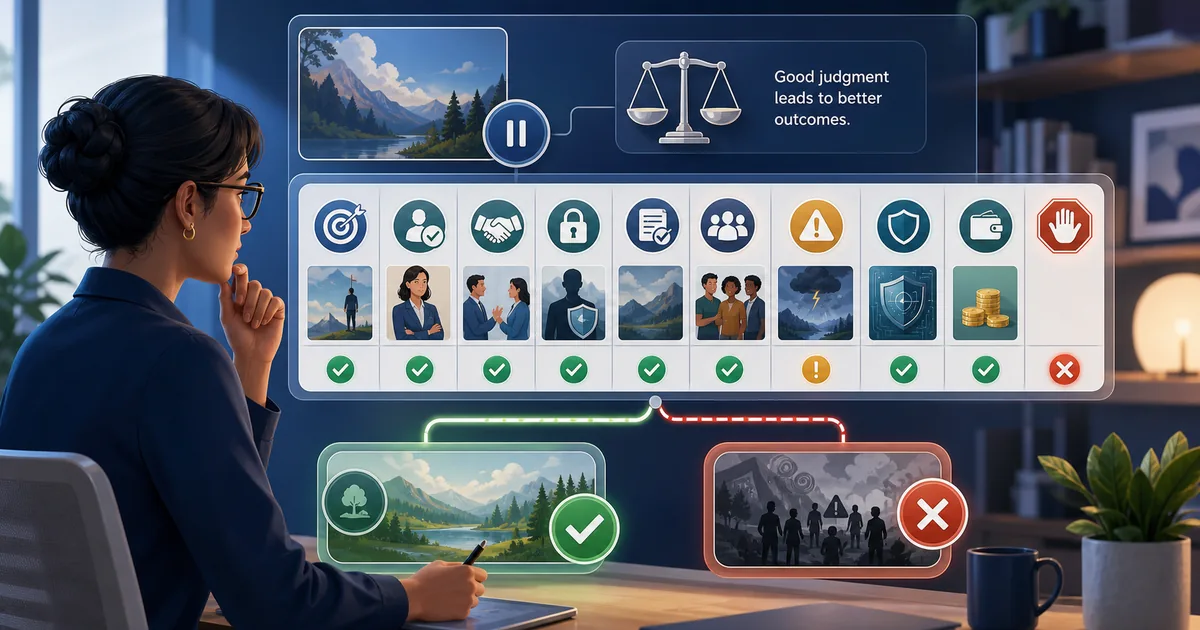 Adult using a responsible decision framework for an AI image tool with checks for purpose, adulthood, consent, privacy, rights, audience, security, cost, and stopping