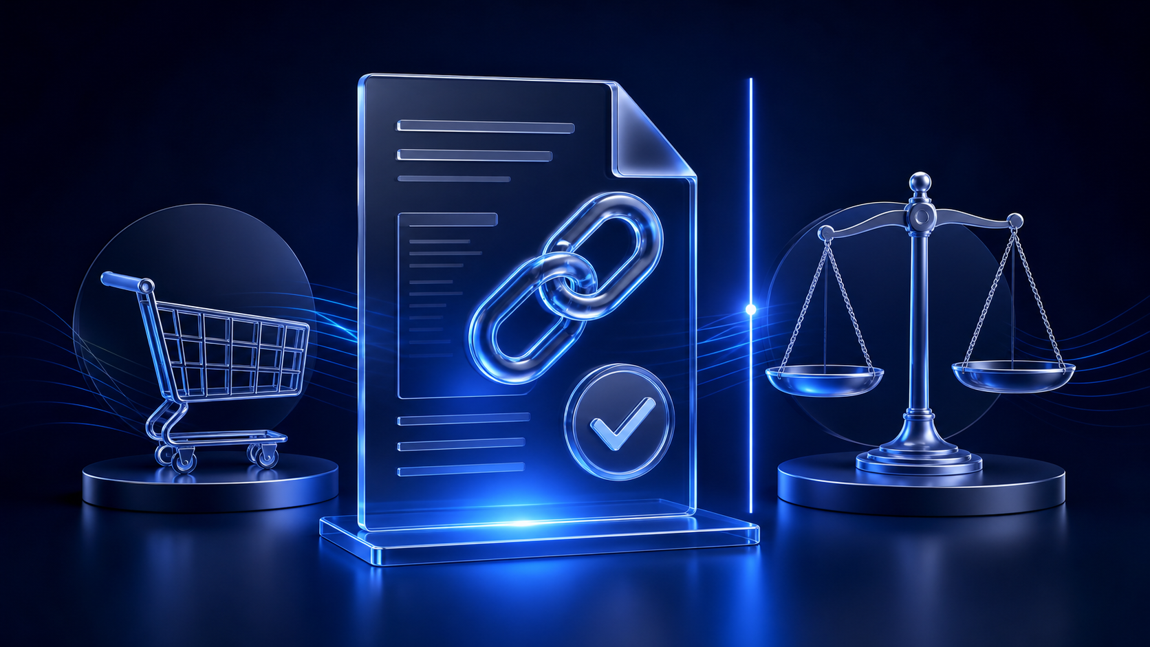 Affiliate disclosure document with a link chain, shopping cart, verification checkmark, and balanced editorial scale