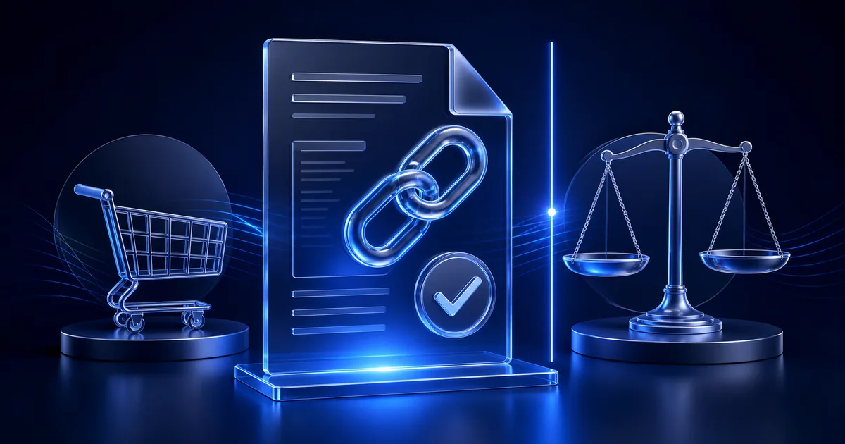Affiliate disclosure document with link chain, shopping cart, verification checkmark, and balanced editorial scale