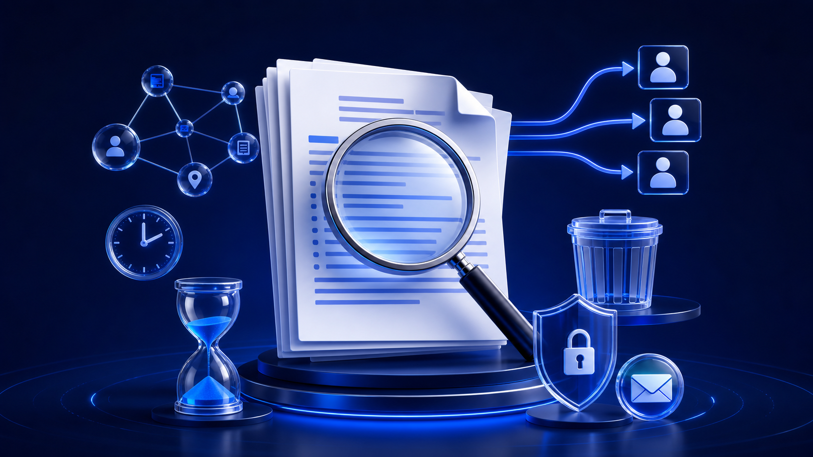 AI service privacy policy examined with a magnifying glass beside retention, sharing, deletion, security, and contact symbols