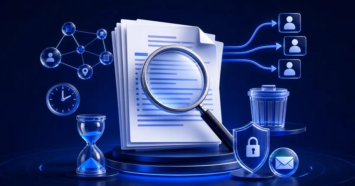 AI service privacy policy examined with a magnifying glass beside retention, sharing, deletion, security, and contact symbols