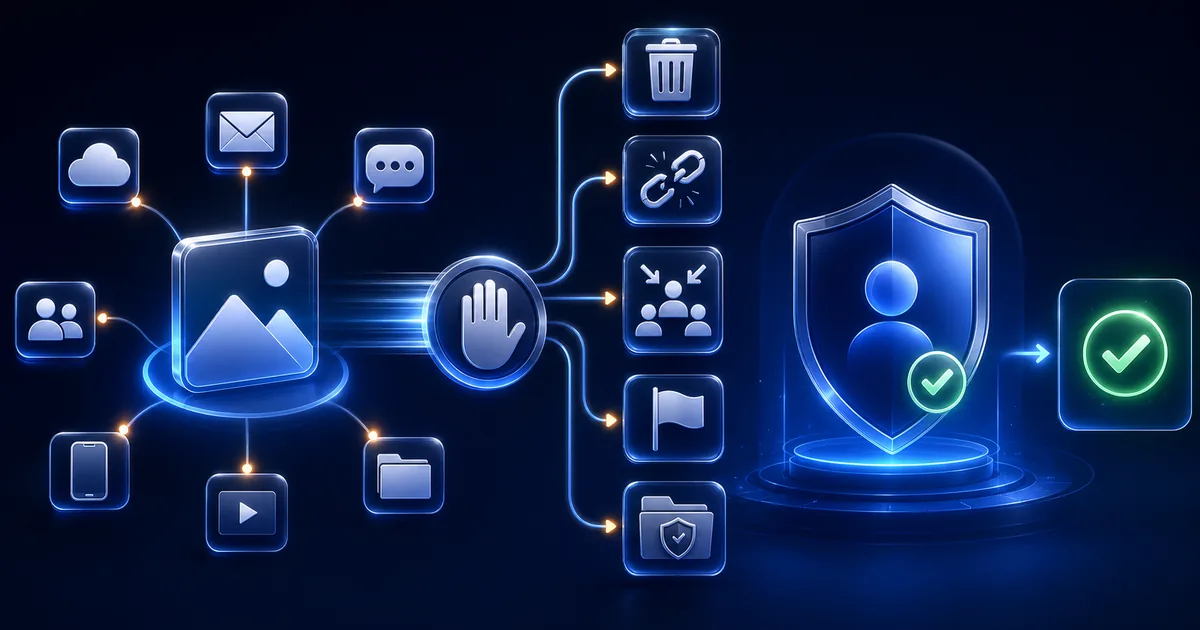 Digital image withdrawn from sharing destinations through stop-distribution, deletion, revoked-link, recipient recall, reporting, and removal-confirmation controls