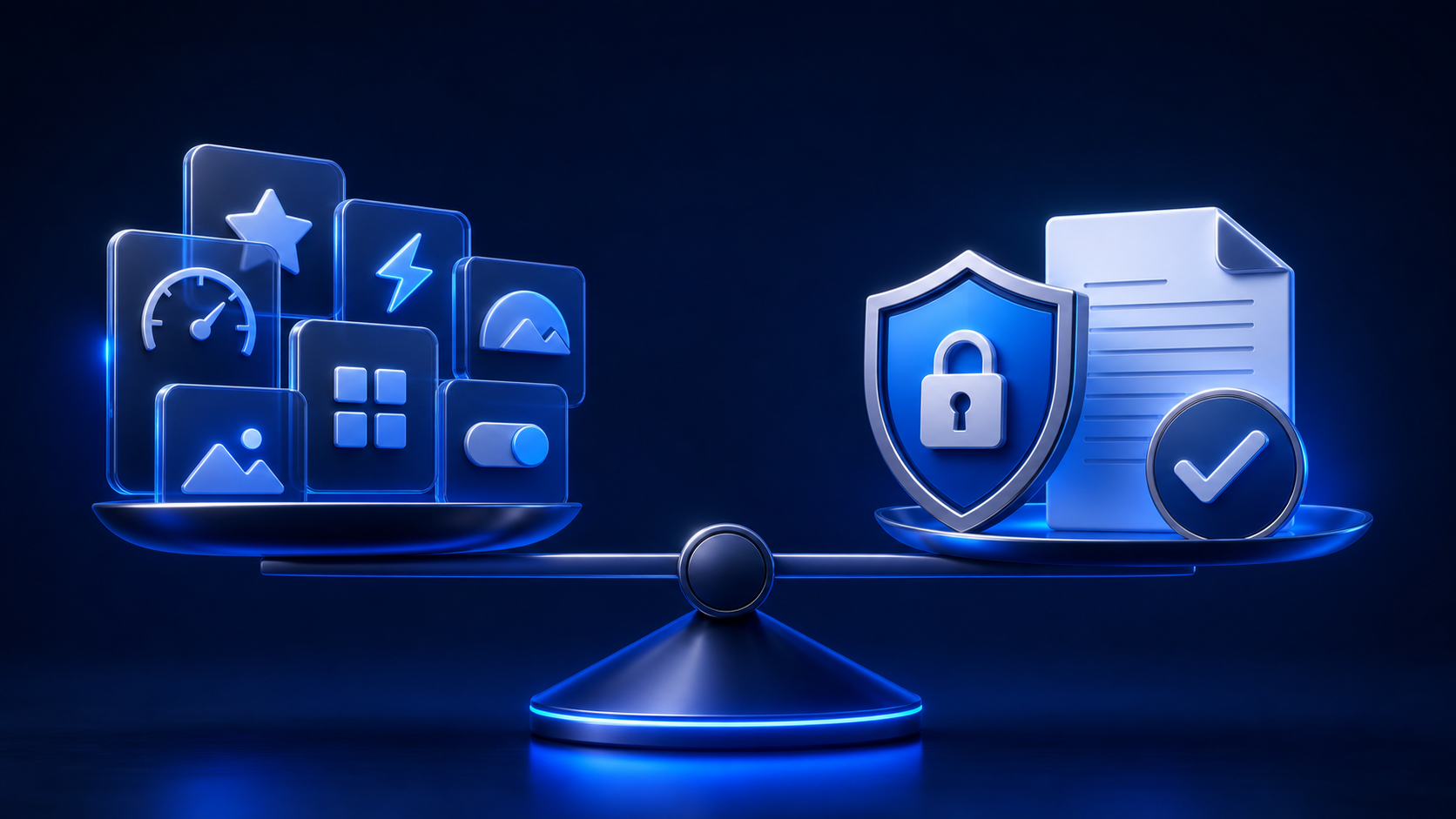 Feature cards balanced against privacy shield, policy document, and quality checkmark