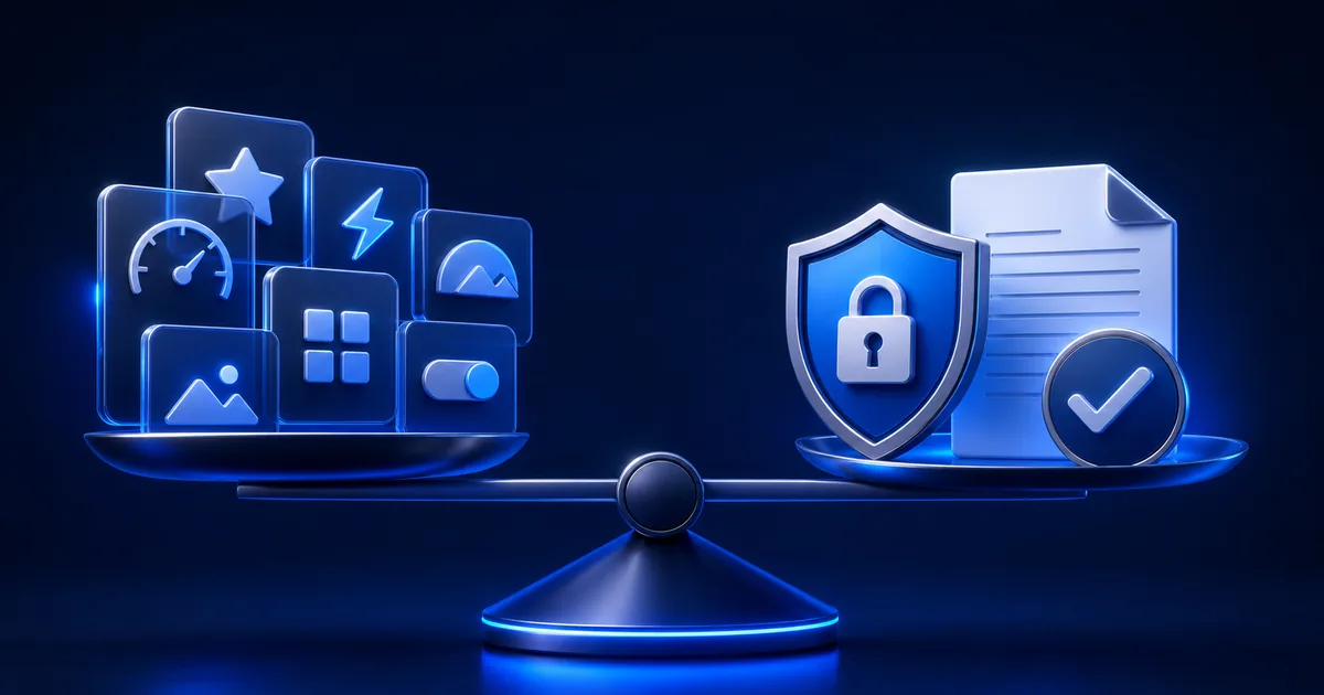 Feature cards balanced against privacy shield, policy document, and quality checkmark